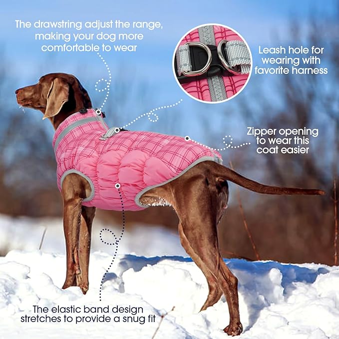 FUAMEY Dog Coat for Large Dogs,Waterproof Dog Winter Jacket with Harness Built in Puppy Cold Weather Coats Reflective Pet Vest with Zipper Warm Fleece Dogs Snowsuit Windproof Rose Plaid 3XL