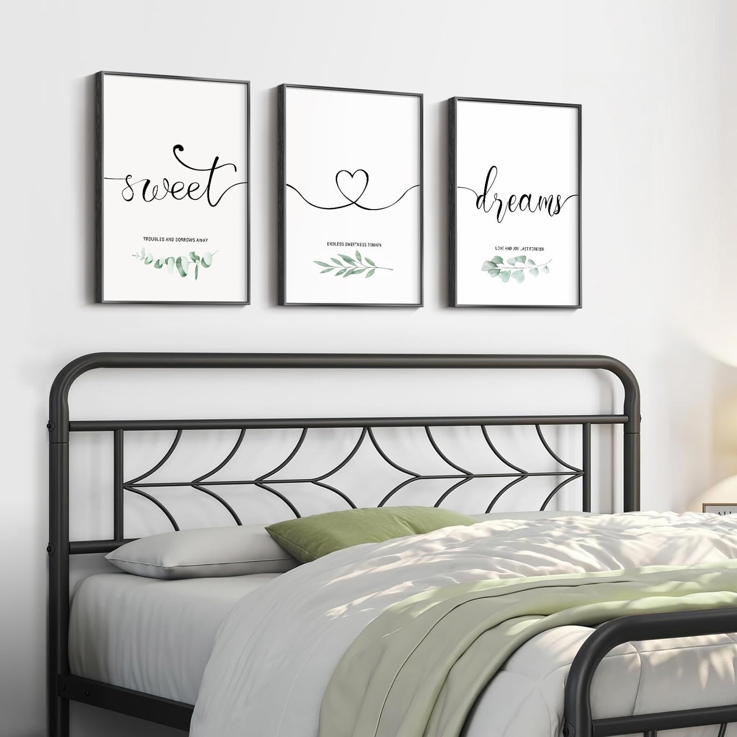 Framed 3 Piece Wall Art Bedroom, Sweet Dreams Signs Pictures Wall Decor Above Bed, Modern Minimalist Master Guest Room Wall Decor, Painting Print Script White Canvas Artwork for Walls, 12x16 Inch