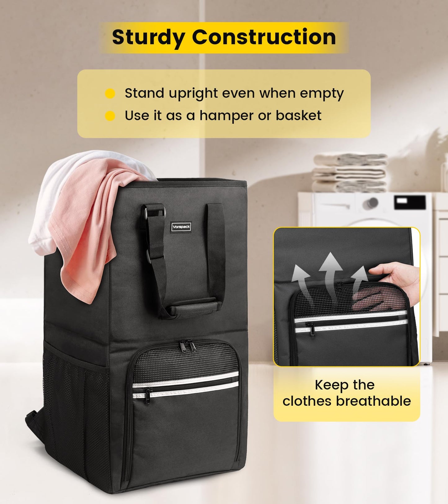 Vorspack Laundry Bag Backpack - Extra Large Laundry Bags with Shoulder Straps Heavy-duty 2 in 1 Laundry Hamper Basket for College Dorm Camp Laundromat Room Essentials - Black