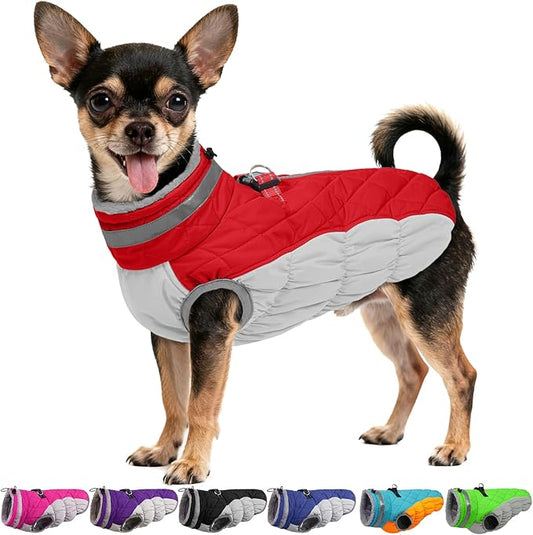 OUOBOB Dog Coats for Small Dogs, Puppy Coat, Warm Winter Jacket, XS Dog Coat with Harness Built in, Waterproof Pet Cold Weather Coats, Puppy Winter Clothes Snowsuit Chihuahua Maltese,Red,XS