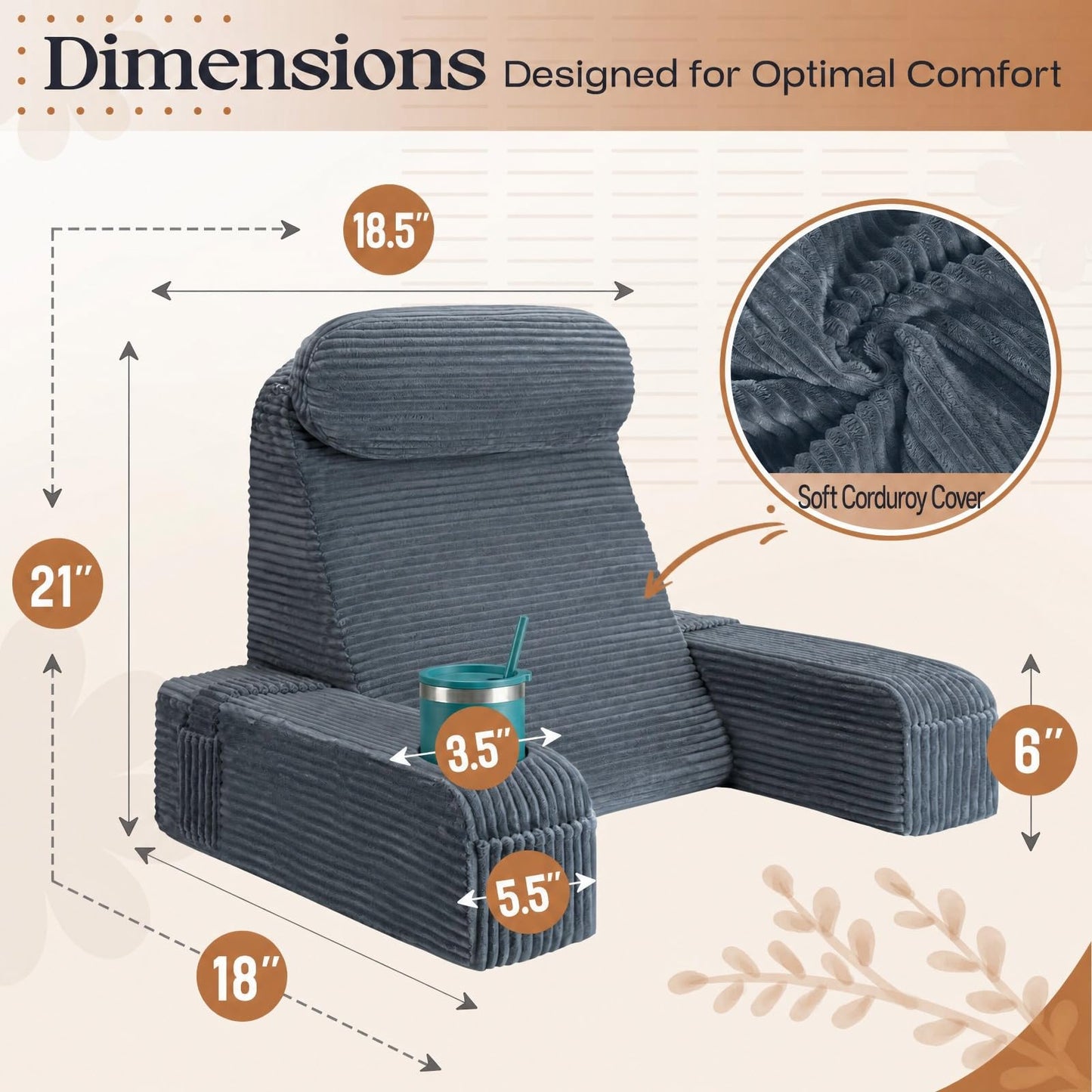 AMCATON Reading Pillow/Backrest Pillow with Arms, Cup Holder & Phone Pocket - Bed Rest Pillow with Adjustable Headrest, Corduroy Fabric for Back Support in Bed/Sofa/Floor (Gray, 21 INCH)