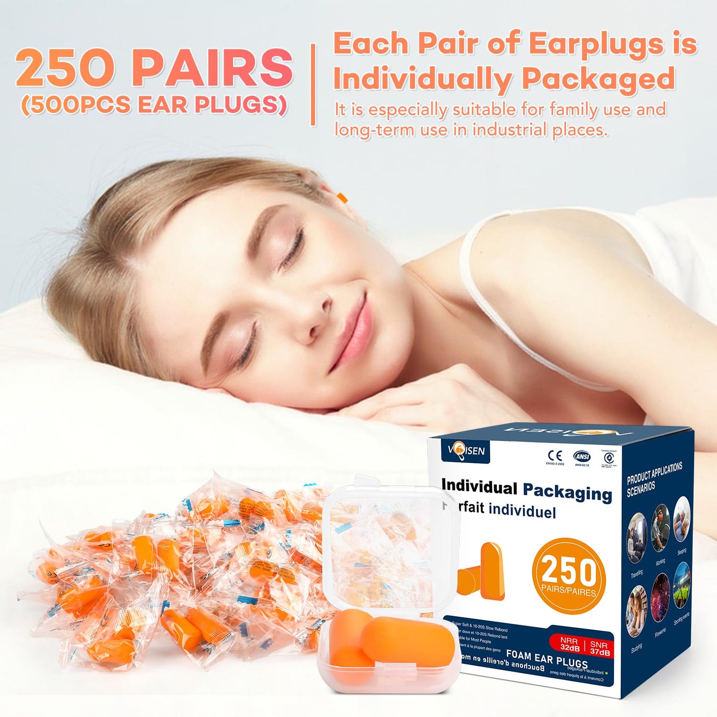 VOISEN Ear Plug,250 Pairs Ear Plugs for Sleeping,32dB NRR 37dB SNR Ear Plugs Noise Cancelling for Snoring, Studying, Loud Events, Traveling & Concerts, Individual Package