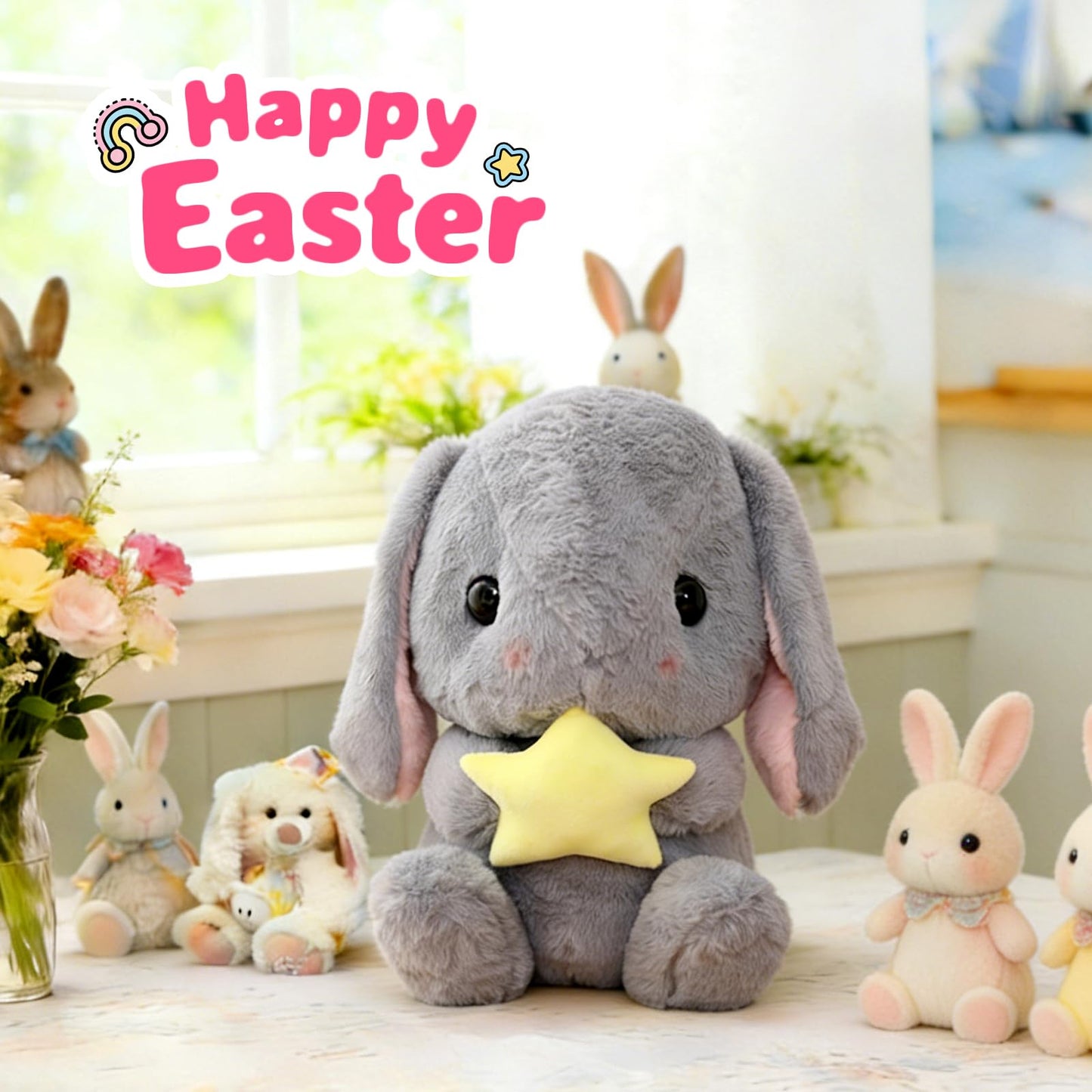 HOUPU Soft Toy - Sitting Lop Eared Rabbit, Easter White Rabbit Stuffed Bunny Animal with Carrot Soft Lovely Realistic Long-Eared Standing Pink Plush Toys (Gray-Star,8.6in/22cm)