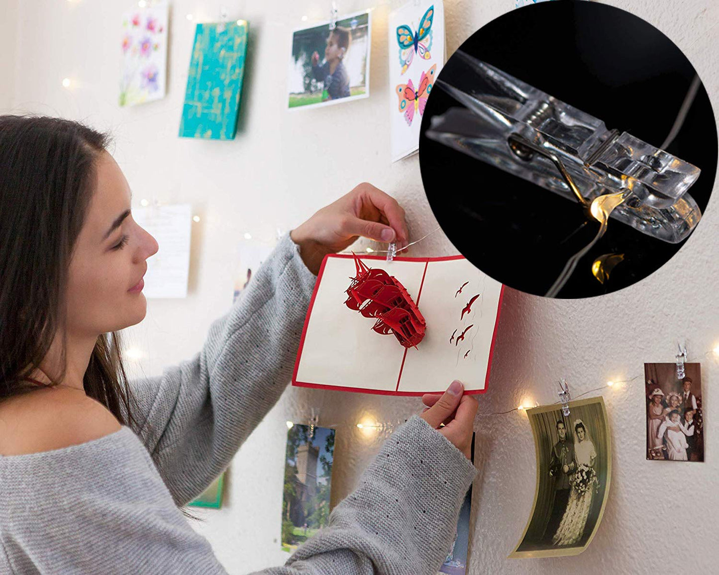 LECLSTAR Photo Clip String Lights 17Ft - 50 LED Fairy String Lights with 50 Clear Clips for Hanging Pictures, Photo String Lights with Clips - Perfect Dorm Bedroom Wall Decor Wedding Decorations