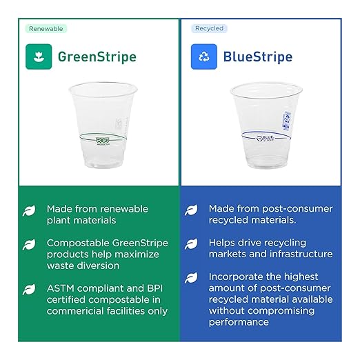 ECO PRODUCTS BlueStripe Recycled 20oz Plastic Cups, Case of 1000, Made from 30% Post-Consumer Recycled Plastic Bottles, Recycled PET (rPET) For Cold Drinks & Snacks, Clear For Visibility