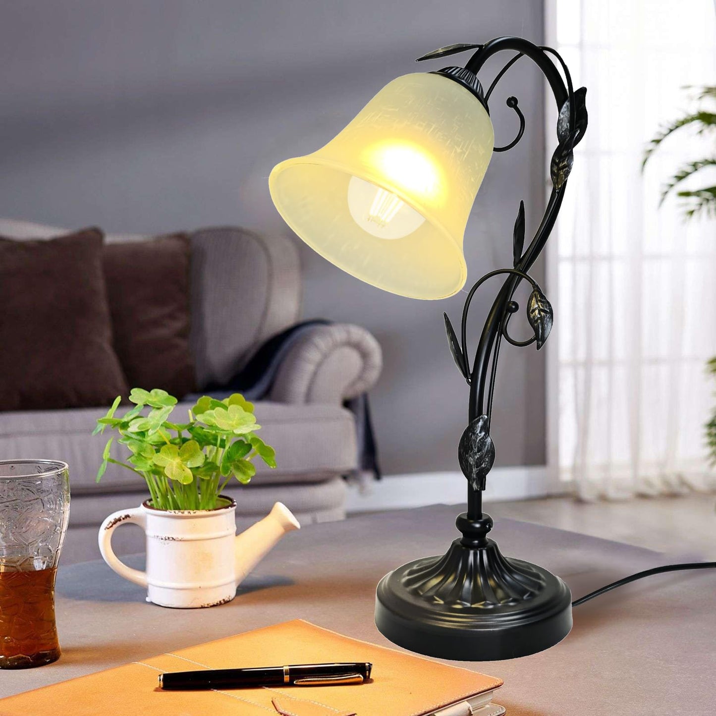 Flashell Touch Table Lamps, Flower Vintage Nightstand Lamp, Rustic Reading Bedside Light, Dimmable Farmhouse Stained Glass Lamp with USB for Bedroom Living Room, E26