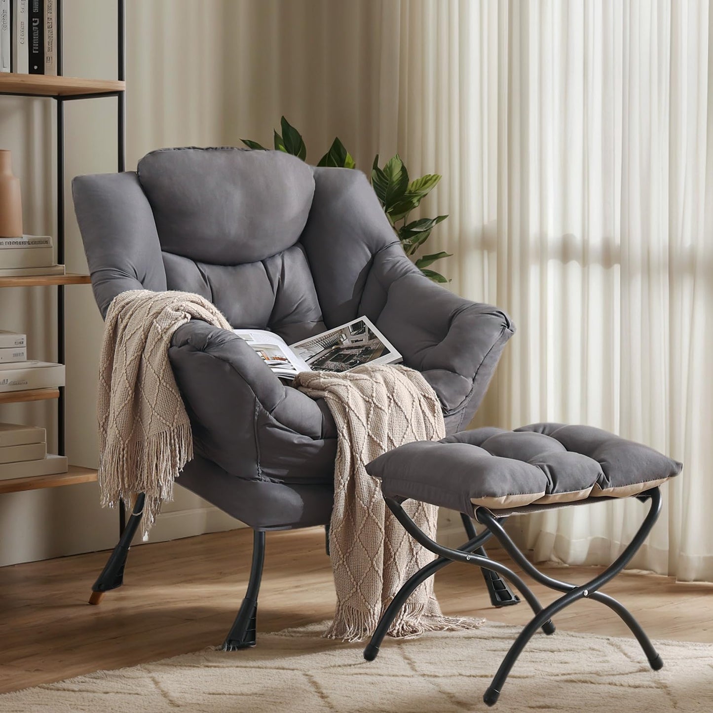 HomEastlly Lazy Chair with Ottoman, Large Dark Grey Accent Chair with Ottoman, Comfy Reading Armchair, Leisure Sofa Chair for Living Room, Bedroom, Dorm Room, Office