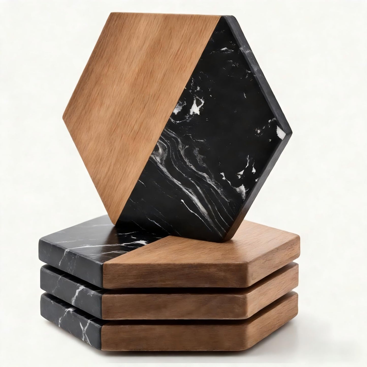 Hwvixkz Marble Wood Coasters Set of 4, Fun & Cute Drink Coasters for Coffee Table, Coffee Bar Decor & Desk Accessories, Black