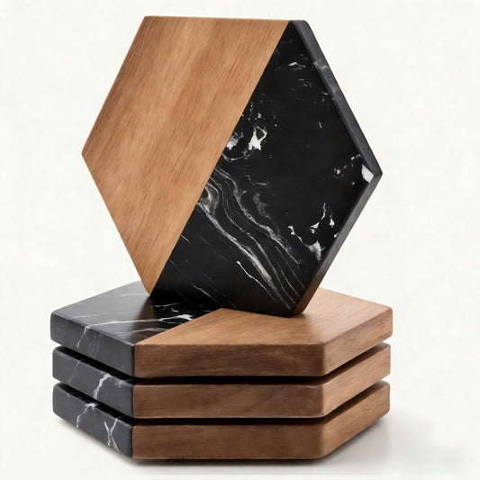 Hwvixkz Marble Wood Coasters Set of 4, Fun & Cute Drink Coasters for Coffee Table, Coffee Bar Decor & Desk Accessories, Black