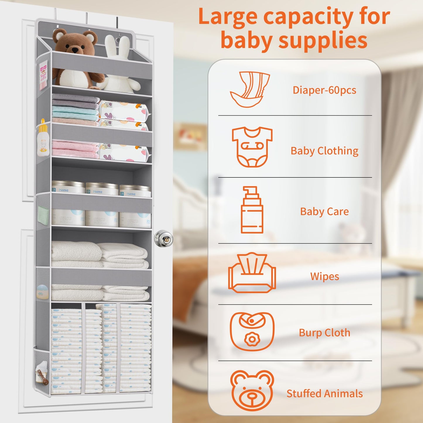 TAHAVICE Heavy Duty Over the Door Organizer with Large Capacity Caddy, Behind Door Storage with 10 Mesh Side Pockets, Back of Door Hanging Organizer for Closet, Bathroom, Laundry
