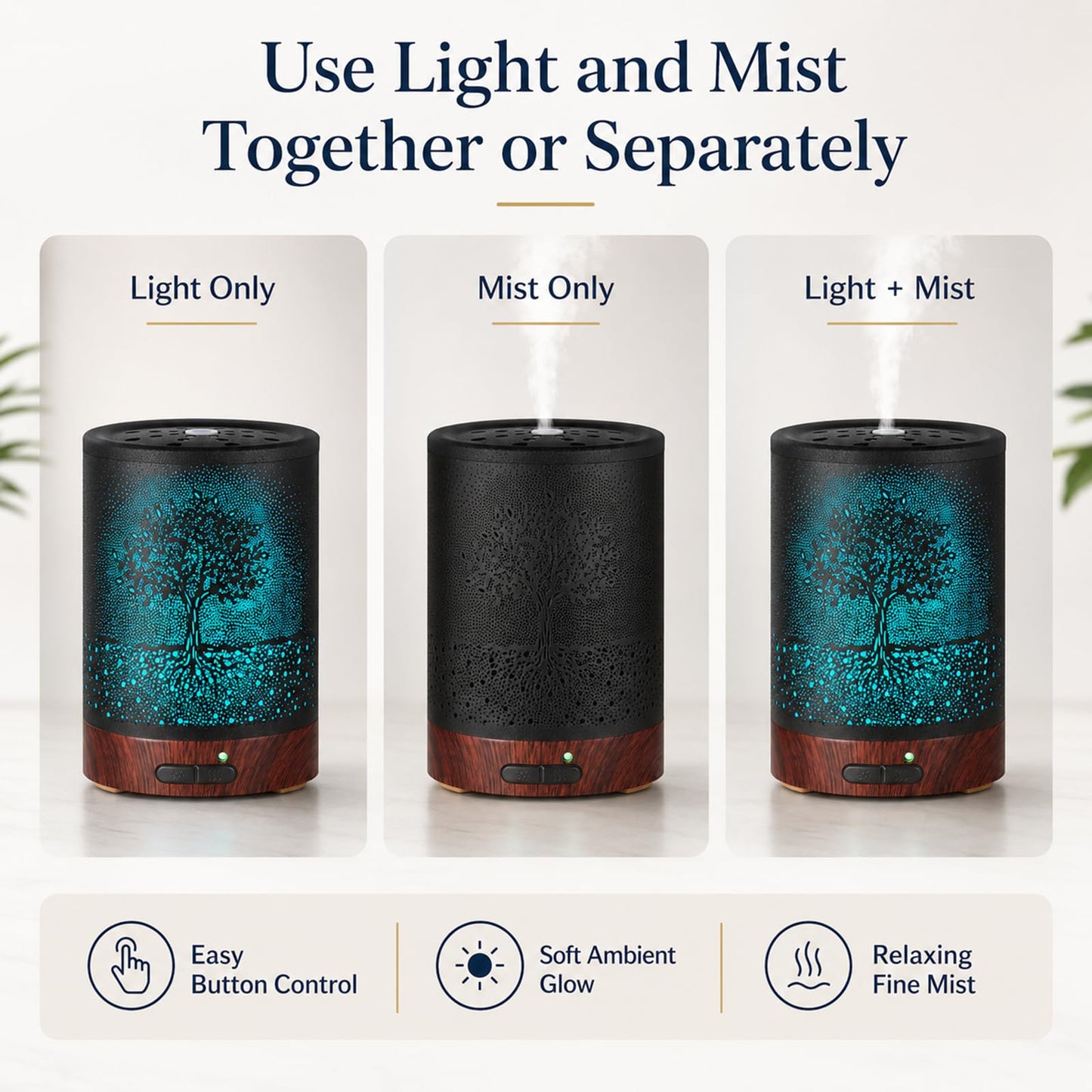 Essential Oil Diffuser- Aromatherapy Diffuser with7 Colors Light and Auto-Off for Women Metal Cool Mist Humidifier for Home and Office for Mom Women(Tree)