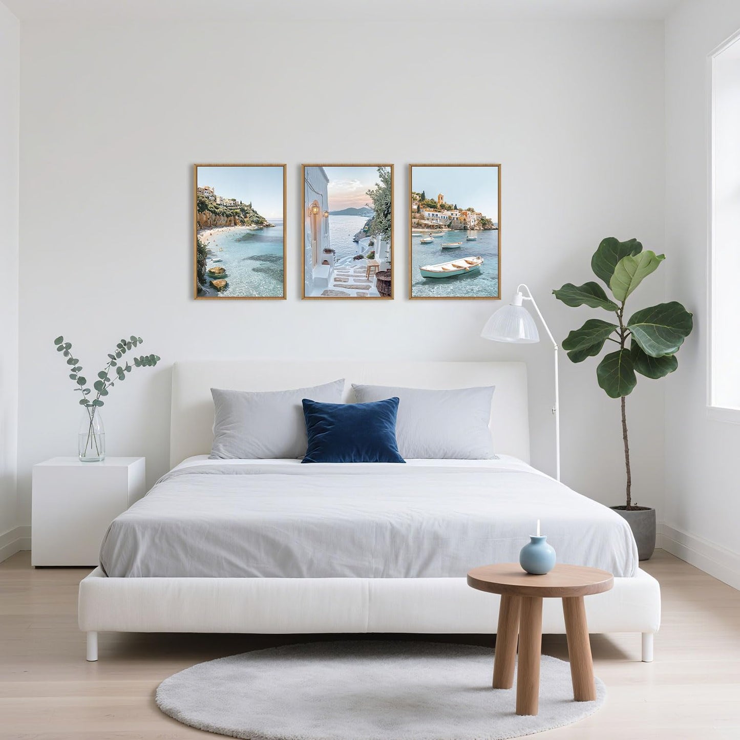 Aryroi Greek Island Coastal Framed Canvas Wall Art Set,Modern Mediterranean Whitewashed Architecture Scenery Wall Decor,Natural Blue Beach Boat Landscape Artwork for Living Room,Farmhouse- 24"x36"x3