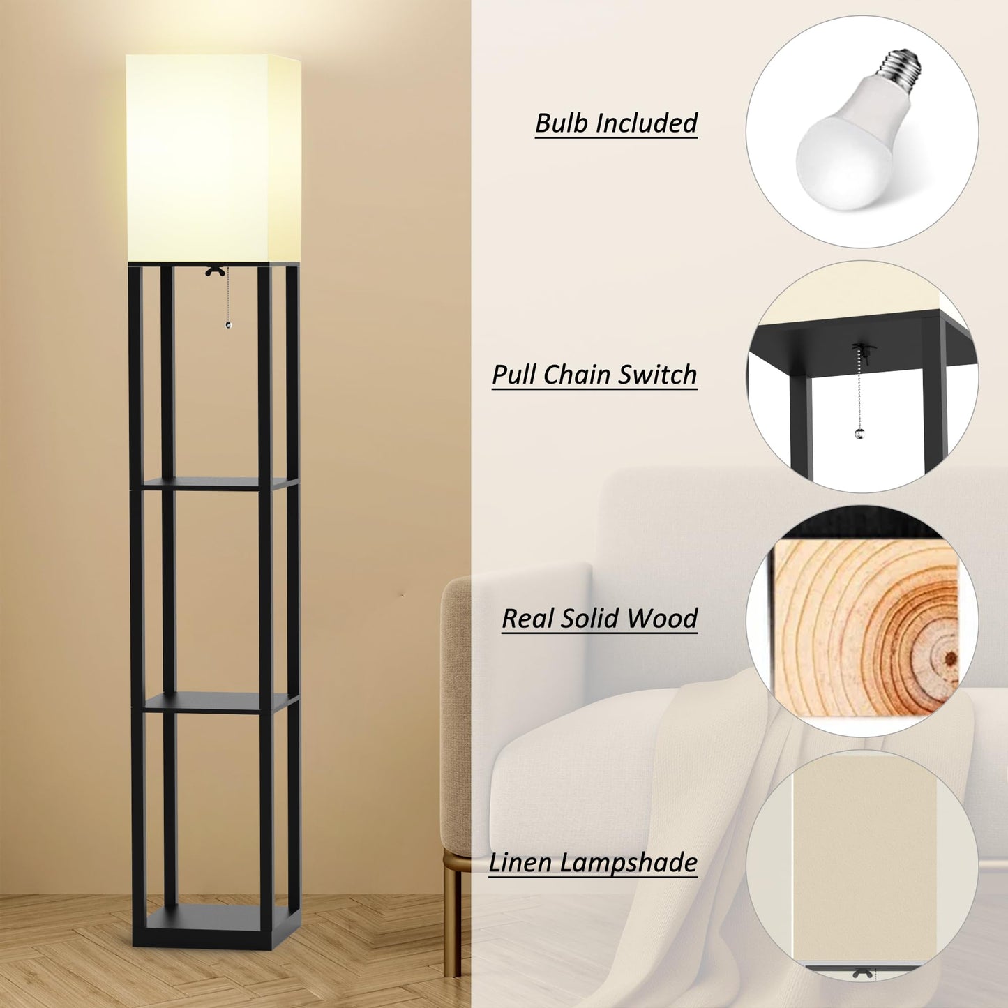 Befancy Floor Lamp with Solid Wood Shelves for Living Room, 3-Tier Shelf Standing Lamp with LED Bulb and Pull Chain Switch, Corner Display Bookshelf Lamp for Living Room and Bedroom(Black)