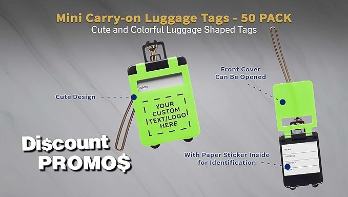 50 Mini Carry-on Luggage Tags Pack - Customizable Text, Logo - Flip Open Cover, ID Sticker - Lime Green