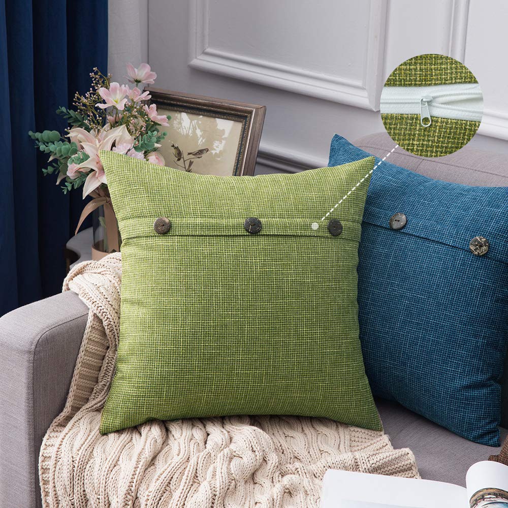 MIULEE Set of 2 Linen Throw Pillow Covers Cushion Case Triple Button Vintage Farmhouse Spring Pillowcase for Couch Sofa Bed 20 x 20 Inch 50 x 50 cm Green