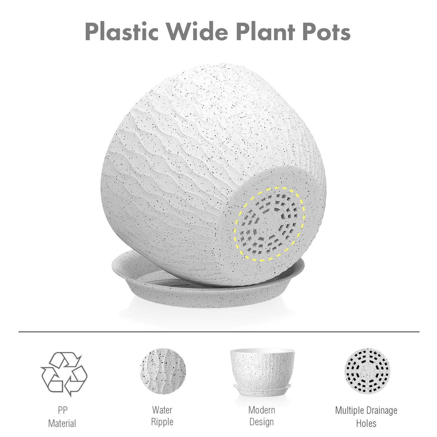 Meowell 12/10/9 inch Large Flower Pots, 3 Set Big Plant Pots for Outdoor Indoor Plants with Water Ripples, Wide Plastic Planters with Drainage Holes and Saucers for Garden House Plants, Speckled White