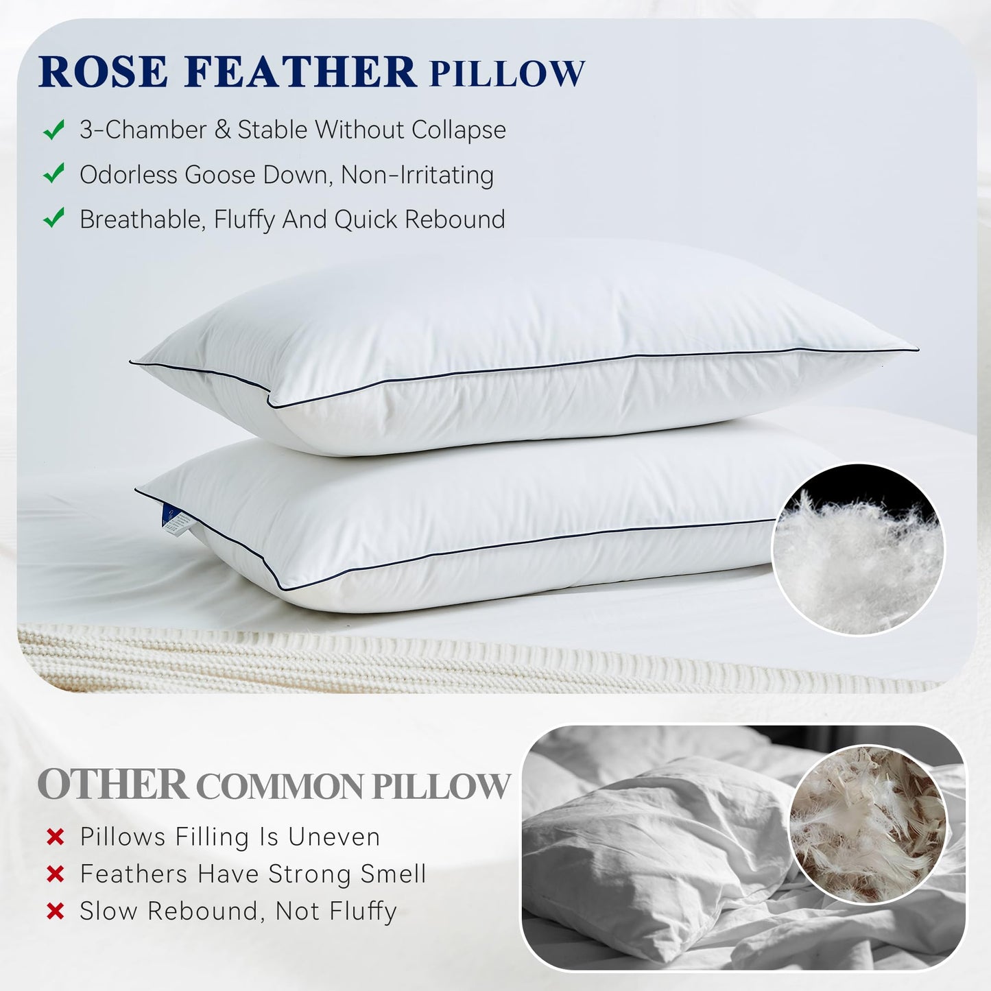 ROSE FEATHER Goose Down Pillows Queen Size Set of 2, 3-Chamber Cervical Neck Support Down Feather Pillow 100% Soft Cotton Cover Luxury Hotel Bed Goose Feather Pillows (Queen (Pack of 2))