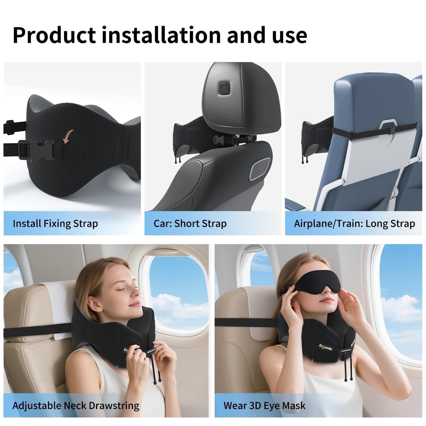 Doosmile Patented Head-Bobble-preventing Ergonomic 360° Supporting Golden Formula Memory Foam Travel Neck Pillow w/3D Contoured Eye Mask Set Long Trip Sleeping Essentials for Airplane Flight Car Bus