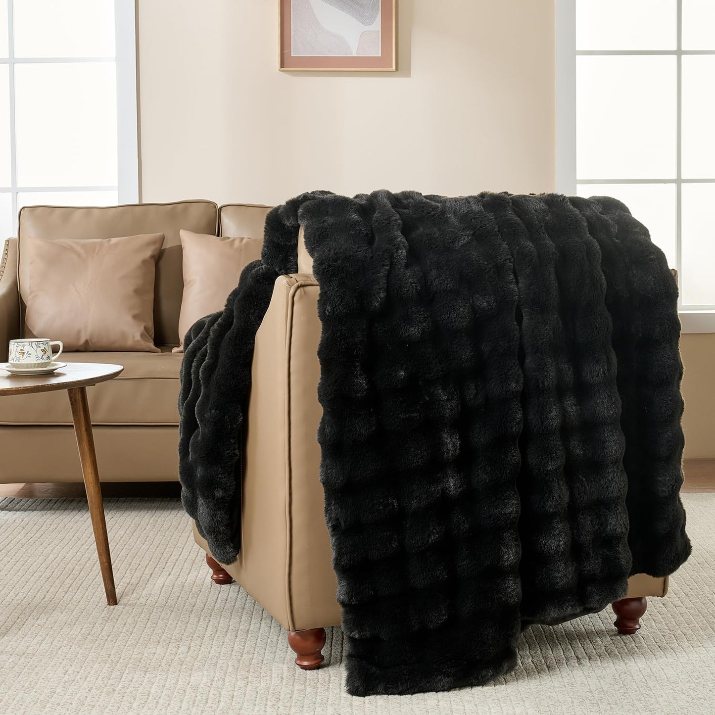 Wajade Fluffy Faux Fur Throw Blanket for Couch Bed 90x90, Luxury Soft Thick Fuzzy Plush Bubble Blanket, Warm Cozy Blanket for Sofa Chair, Black