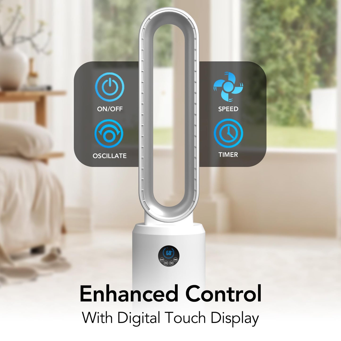 Comfort Zone 40-Inch Bladeless Tower Fan for Bedroom – Quiet Standing Fan with Remote Control, 9H Timer & Wide Area Oscillation – Turbocharged Airflow & Digital LED Display – White/Silver