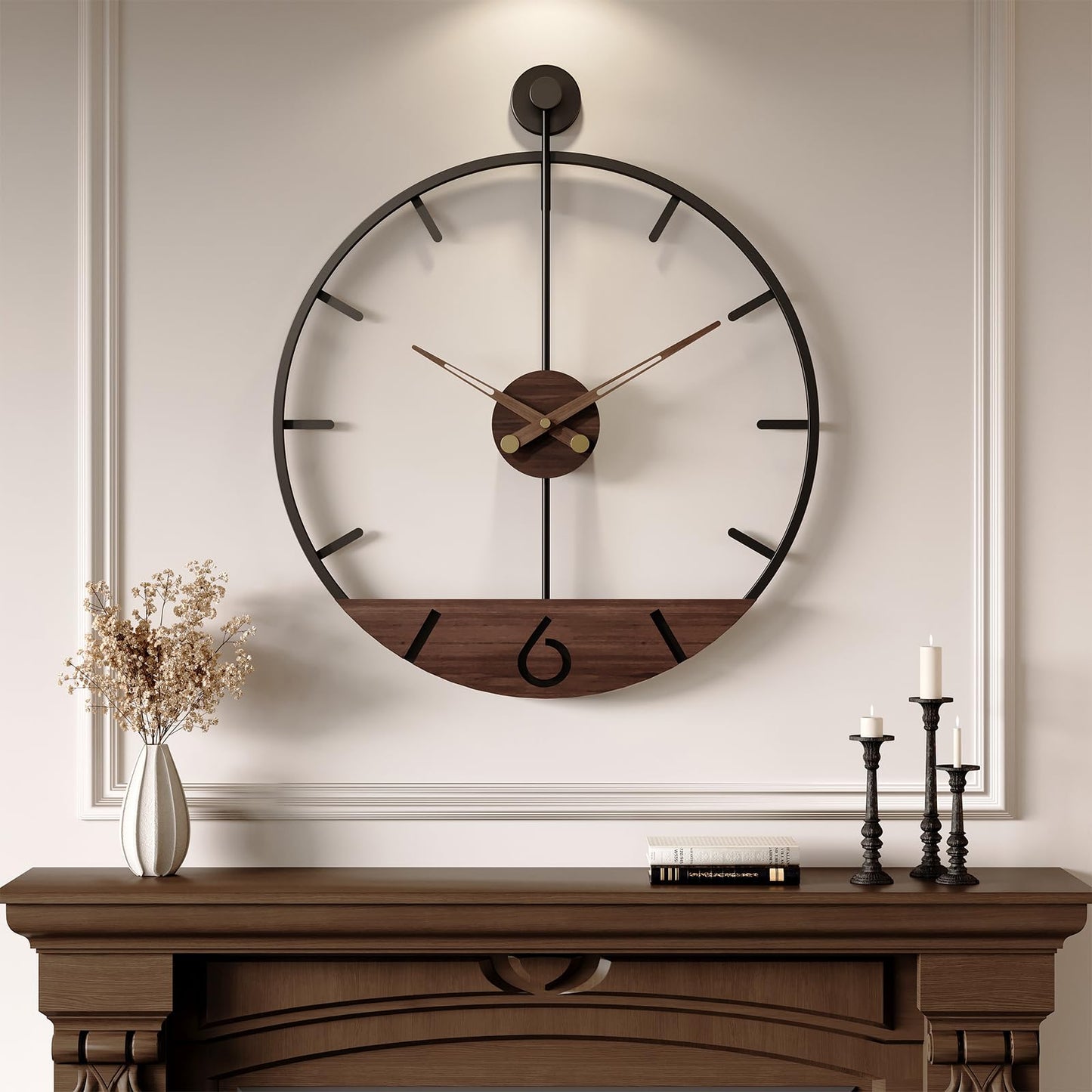 Large Wall Clock 30 Inch, Modern Farmhouse Wall Clock Battery Operated for Living Room Decor, Walnut Wood Dial with Black Metal Frame, Silent Non Ticking Wall Clock for Kitchen, Office, Bedroom