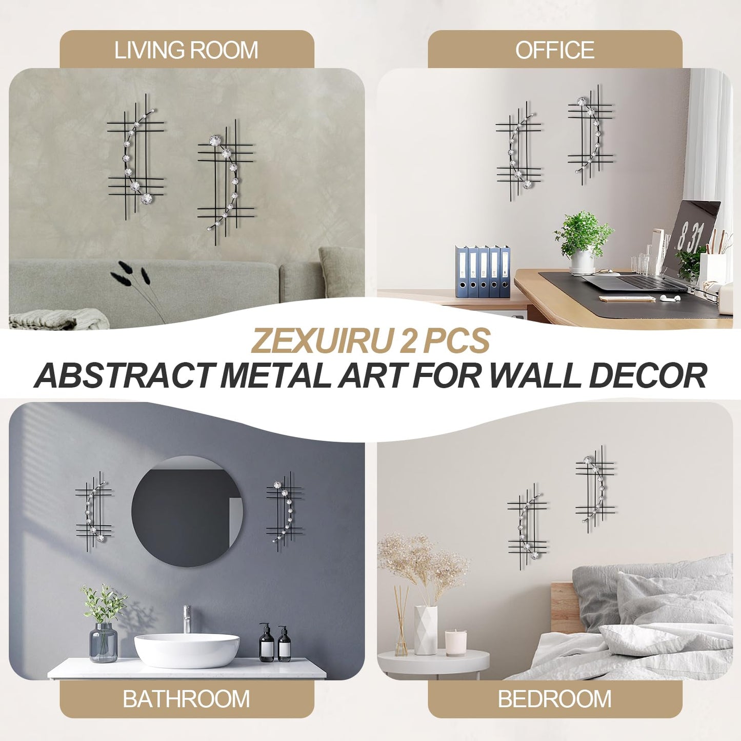 ZEXUIRU 2 Pcs Abstract Metal Art for Wall Decor Living Room Bedroom Bathroom Office Metal Bling Modern Geometric Hanging Vertical Small Iron Sculpture Plaque Pack -Black 15.7in