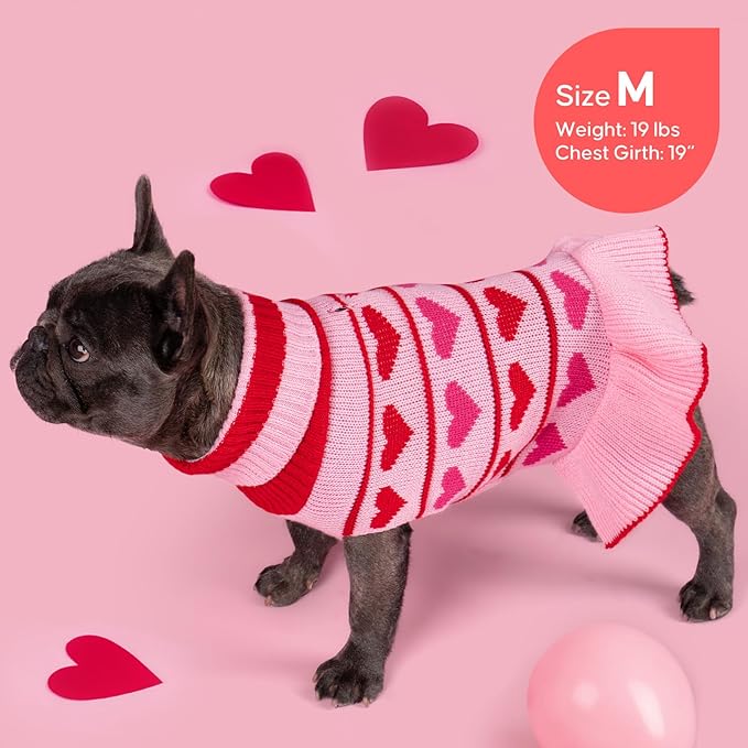 KYEESE Valentines Dog Sweater, Stretchy Dog Sweaters for Large Dogs, Soft Turtleneck Medium Large Dogs Sweater, Warm Pet Sweaters Dress with Heart Print, Comfy Pet Clothes Coat with Leash Hole, 2XL