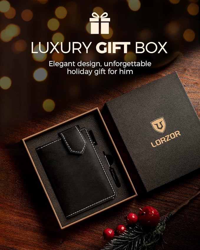 LORZOR Slim Wallet for Men with Security Latch, Pop Up Metal Card Holder Wallet, Finest Full Grain Leather Bifold Wallets, Smart, Minimalist, RFID Blocking, Front Pocket, ID Window