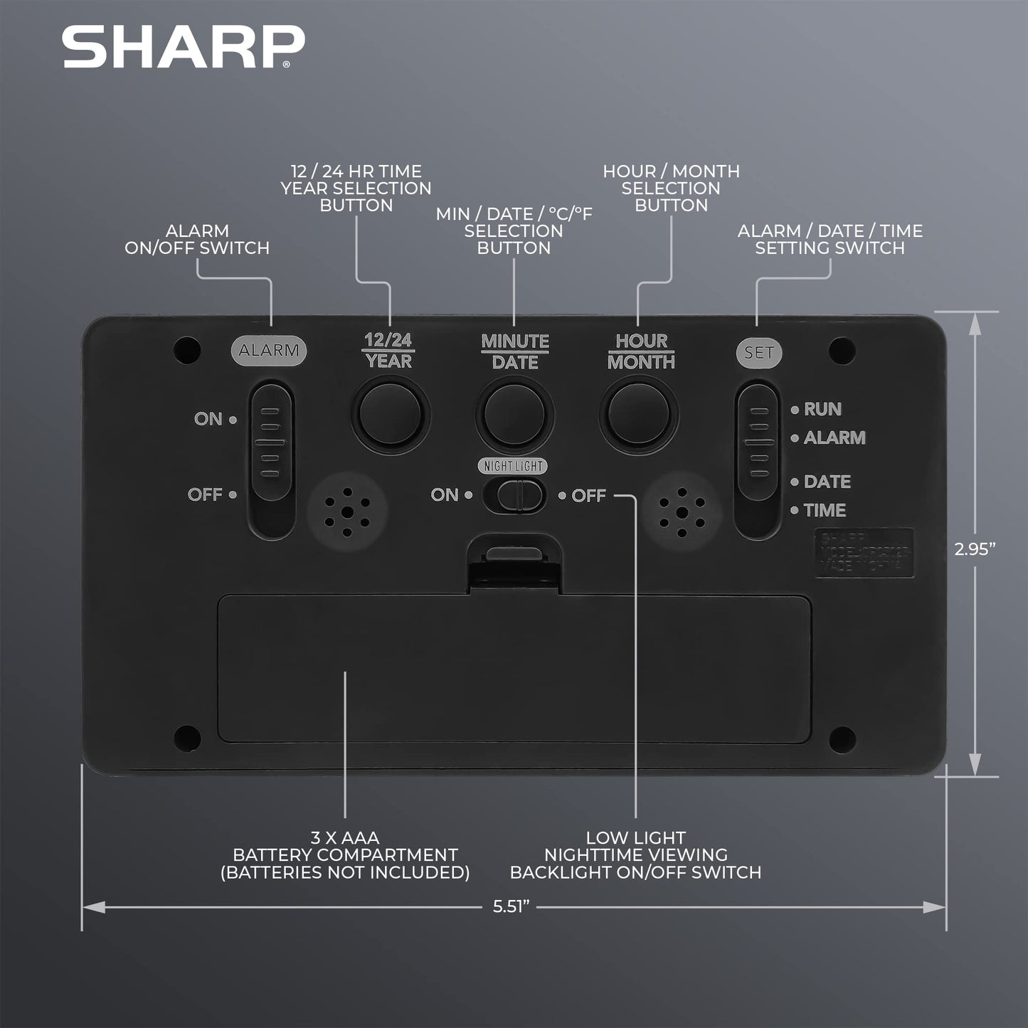 SHARP Alarm Clock with Indoor Temperature, Nightlight, Calendar, Battery Operated Digital Small Clock for Bedrooms or Travel, Black (SPC5025AMZ)