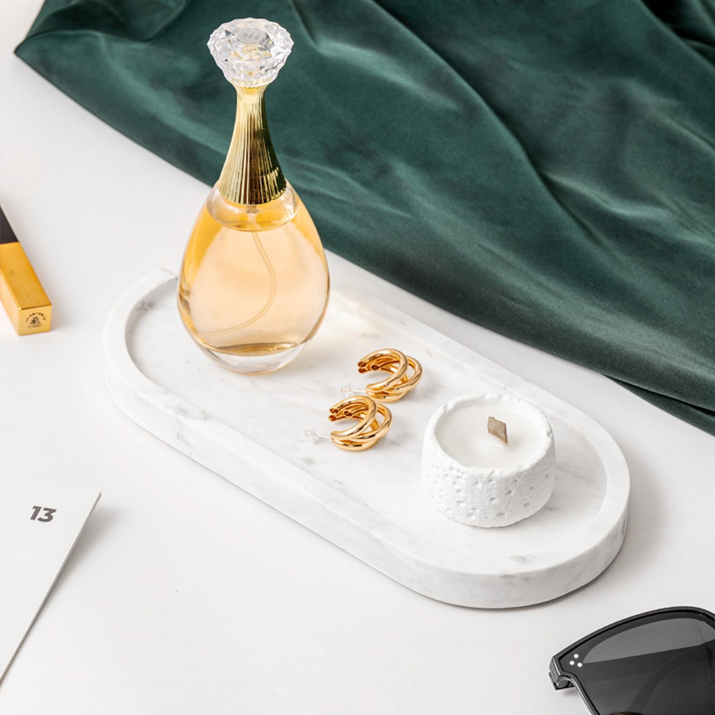 WORHE Natural Marble Vanity Tray Waterproof Italy Stone Bathroom Organizer for Perfume, Candles & Jewelry Non-Slip Oval Storage Tray for Spa, Bedroom, Kitchen 9.8" x 4.5" White (BH101)