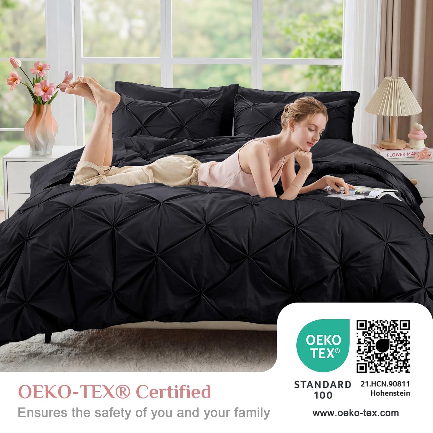 JOLLYVOGUE Black Queen Comforter Set 7 Pieces - Bed in a Bag Queen for All Season, Pintuck Bedding Comforter Sets with Comforter, Flat Sheet, Fitted Sheet and Pillowcases & Shams