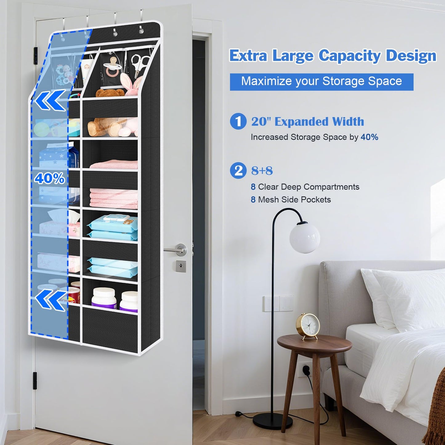 Univivi 5-Shelf Over Door Hanging Organizer Fabric Door Storage for Baby Nursery Nursery Closet Cabinet Wall Mount Hanging Storage Organizers with 8 Deep Pockets and 4 Small PVC Pockets(Black)