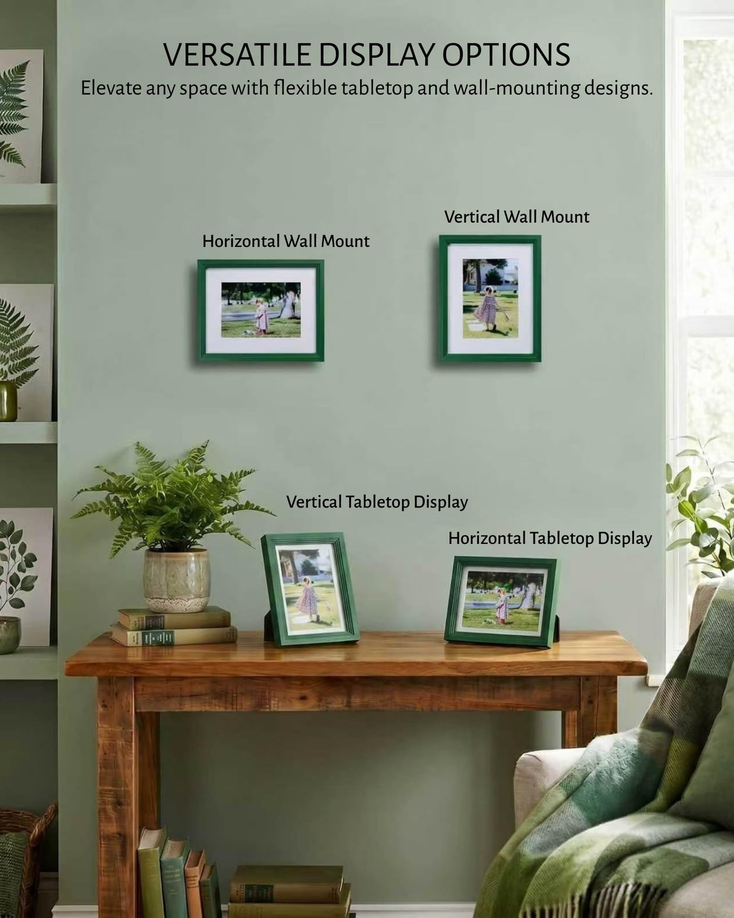 Exper City 8x10 Wooden Picture Frame, Displays 8x10 Without Mat or 5x7 With Mat, Solid Wood Colorful Photo Frame for Wall Tabletop, Real Glass, Rustic Stepped Edge, 2 Pack, Green