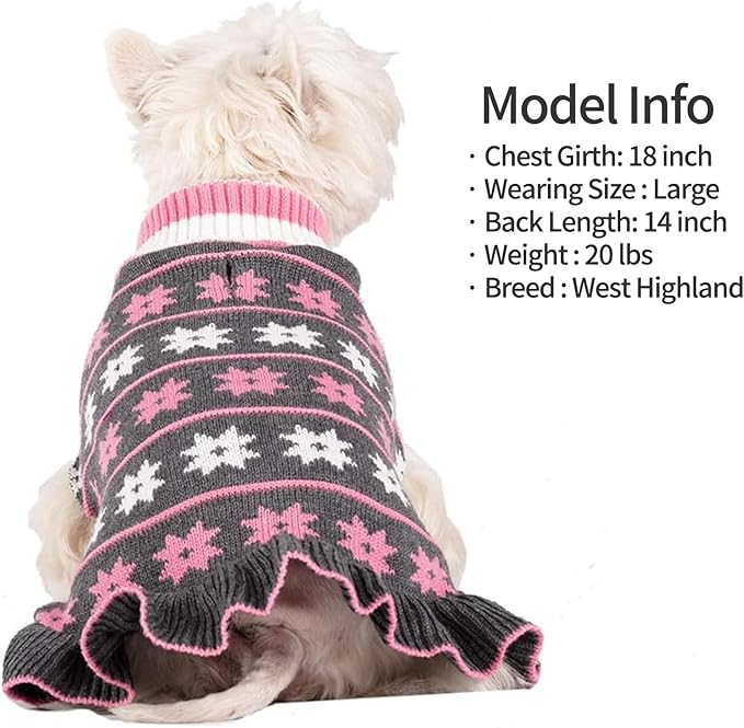 KYEESE Dog Sweater Fall Winter Dogs Clothes Warm Dog Coats Knit Turtleneck Pet Sweater Dress with Classic Snowflake Pattern Pullover for Girl Pet Sweater with Leash Hole for Small Dogs, Grey, Small