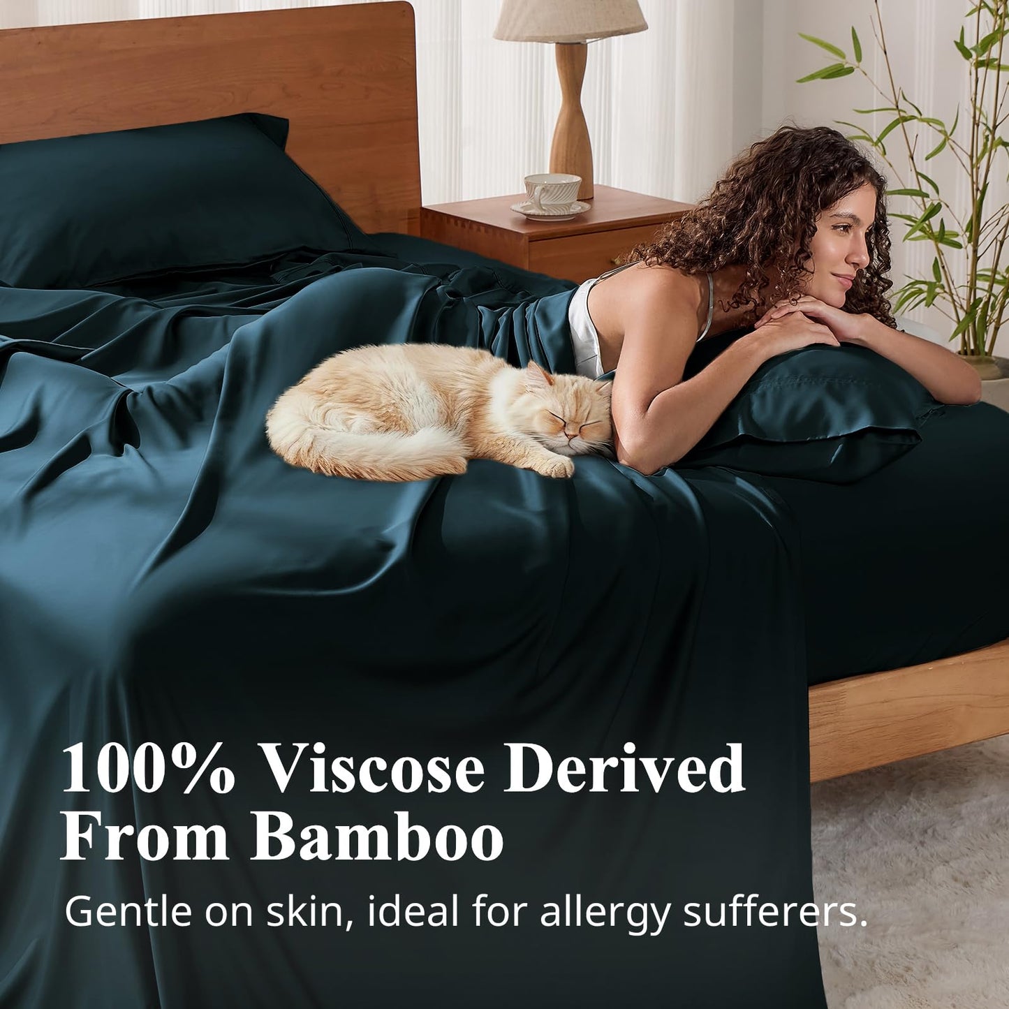 KRIMANO Queen Size Sheet Set, Viscose Bamboo Sheets for Bed Set 4pcs, 100% Viscose Derived from Bamboo, Hotel Luxury Silky & Cooling for Hot Sleepers, Deep Pocket Up to 17", Navy Blue