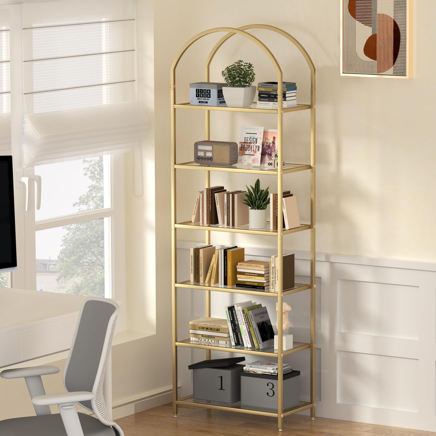Homhedy Bookshelf Arched Display Racks,Metal Bookcase,Tempered Glass Shelves,Storage Rack Shelf for Home Office,Living Room,Bedroom, Bathroom,Modern Style (Golden, 11.8" D x 23.6" W x 73.6" H)