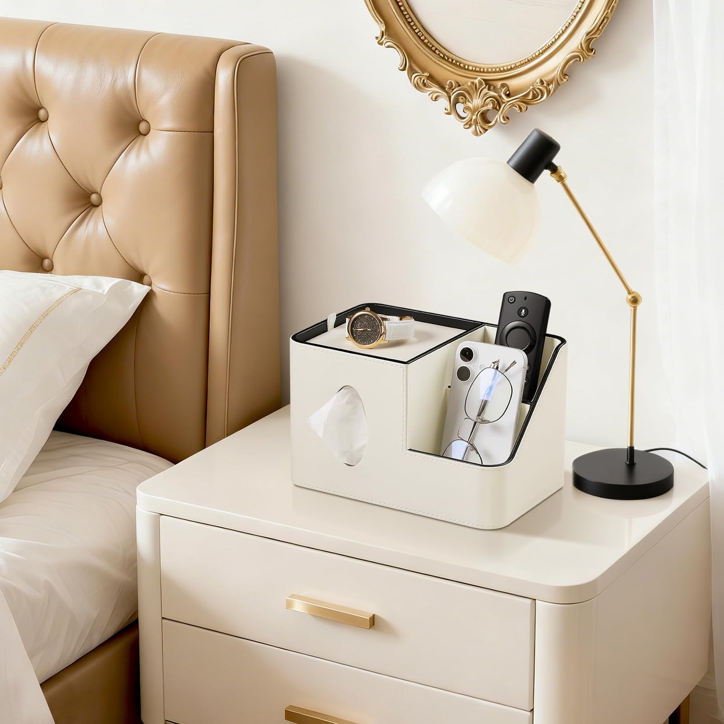 PU Leather Square Tissue Box Cover with Magnetic Closure, Tissue Holder with Storage Tray & Remote Control Organizer, for Nightstand, Living Room, Bathroom, Office Desk (White)