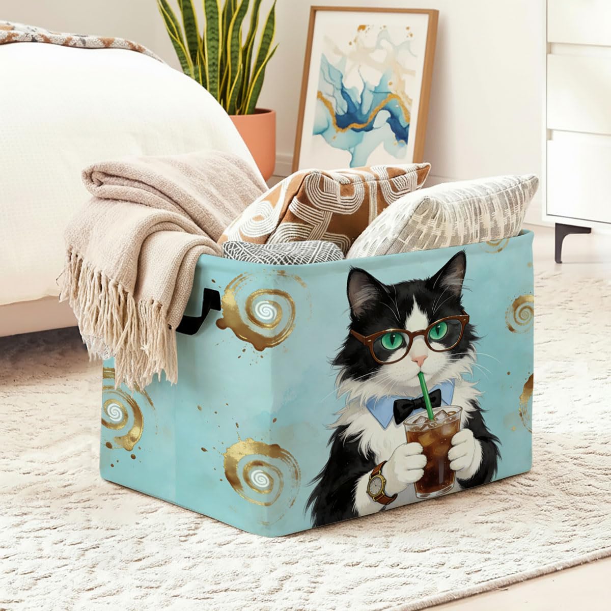 56L Cat Coffee Foldable Square Laundry Hamper with Handles – Large Clothes, Blanket & Toy Storage Basket for Home Organization.
