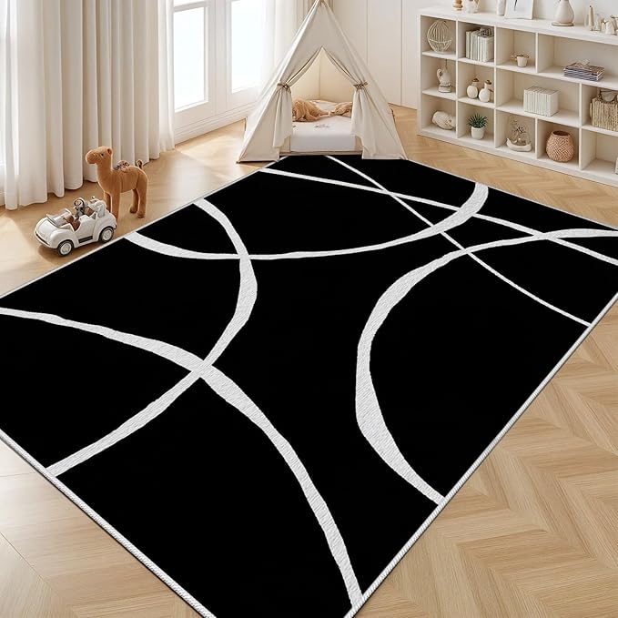 Black and White Rugs, Abstract Rug, Modern Minimalist Rug, Curved Line Design Carpet, Black and White Abstract Rugs Washable Non Slip for Living Room Home Decor 5x6