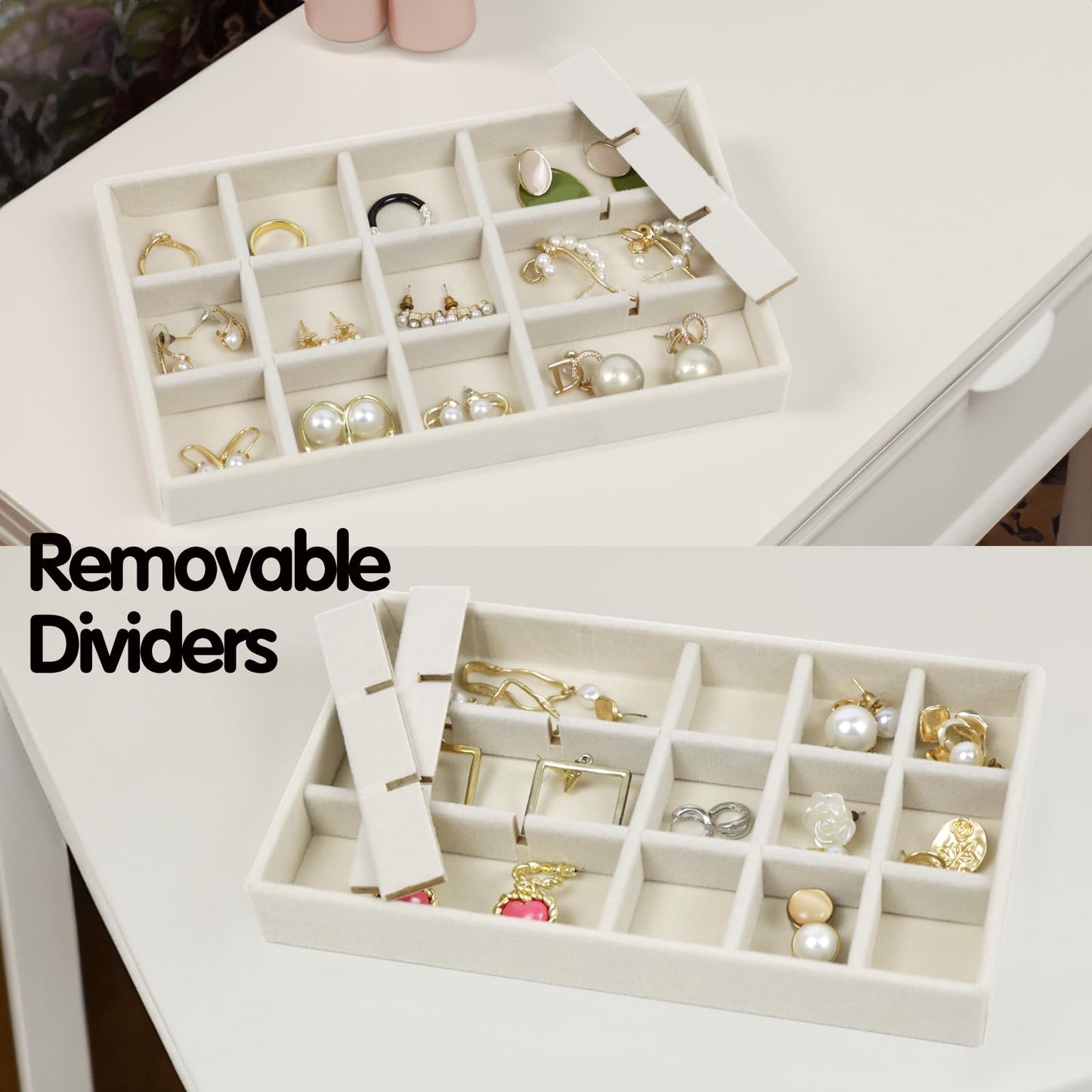Set of 8 Stackable Jewelry Organizer Trays with 1 Lid for Drawer & Dresser Organizer, Adjustable Velvet Jewelry Box Tray Earring Organizer Necklace Storage Ring Bracelet Display Case (Beige)