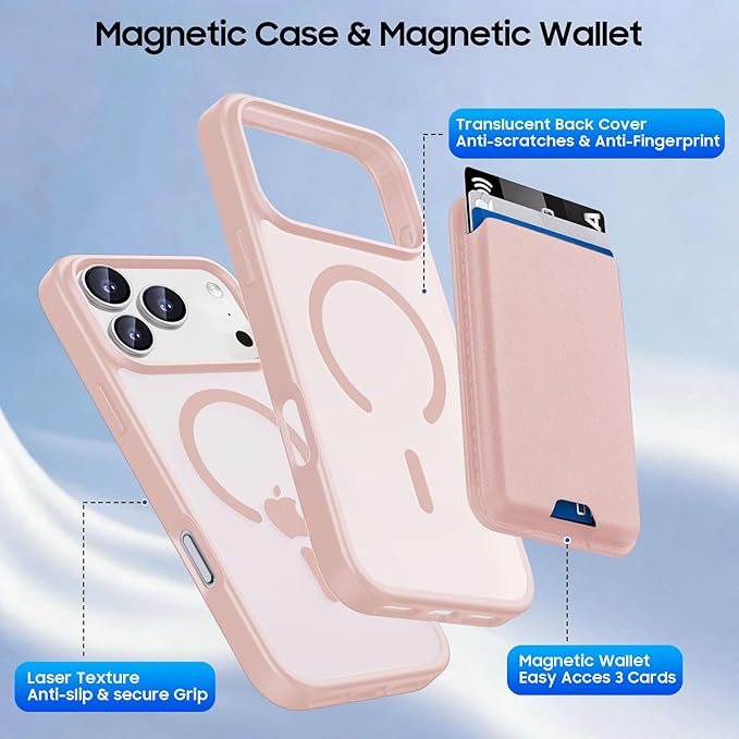 Ntwinro Magnetic for iPhone 17 Pro Case (Compatible with MagSafe) with Detachable Wallet & Card Holder for 3 Cards [RFID Blocking] Military Grade Protective Slim Phone Cover, Pink