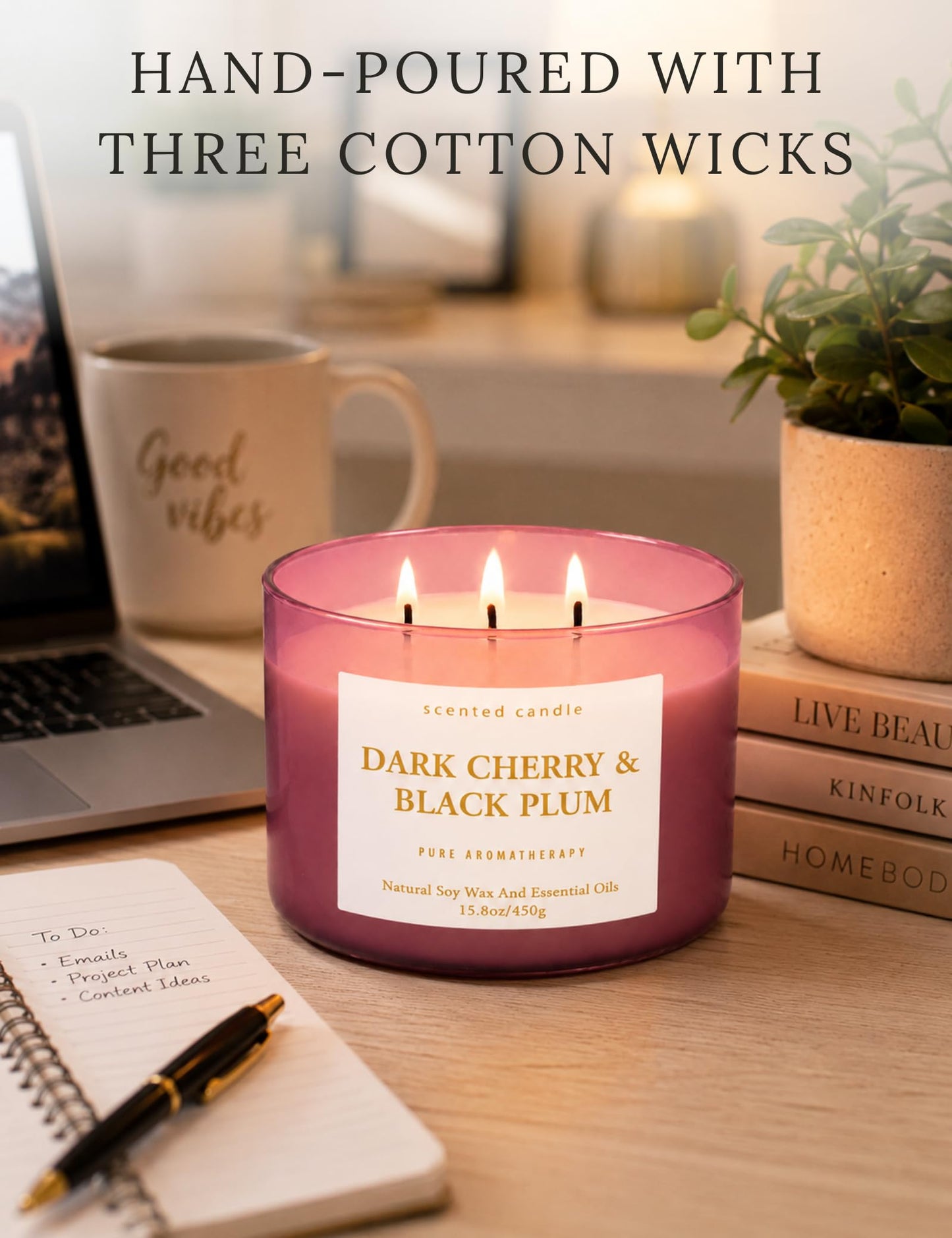 Dark Cherry Black Plum 3-Wick Soy Candle, 15.8 oz Scented Candle for Home