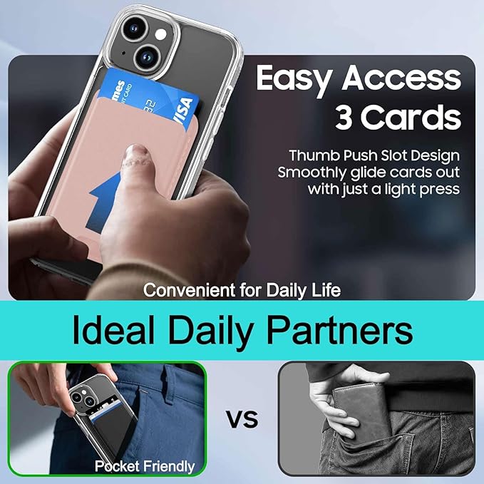 Ntwinro Magnetic for iPhone 13 & iPhone 14 Clear Case (Compatible with MagSafe) with Pink Detachable Wallet & Card Holder for 3 Cards [RFID Blocking] Military Grade Protective Slim Phone Cover