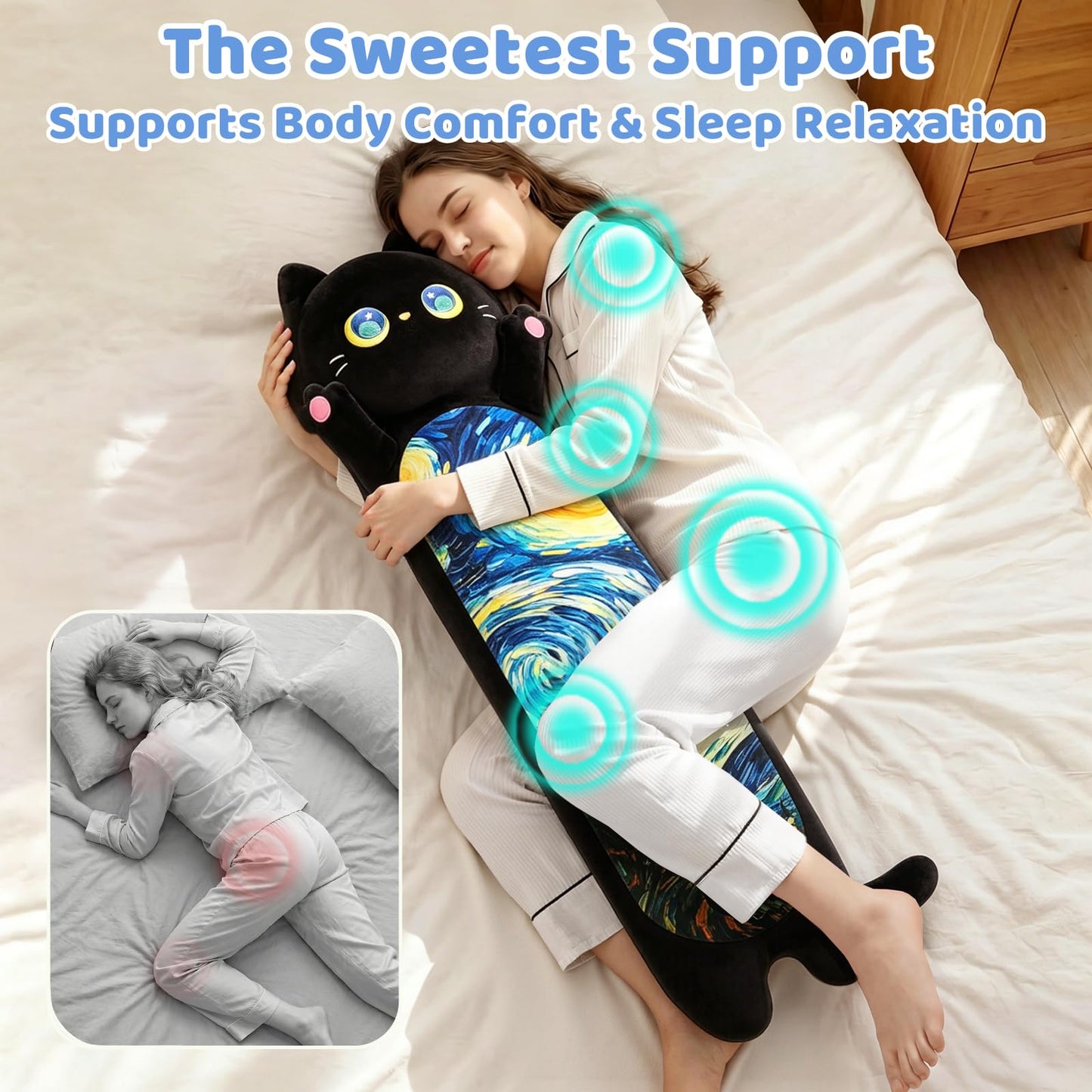 Mewaii Long Cat Plush 5 Sizes, 120% Extra Filling Giant Plushness Kids Body Pillow, Kawaii Cute Black Starry Cat Stuffed Animals Plushies, Big Long Black Cat Body Pillow Plush Gift for Girls 20”