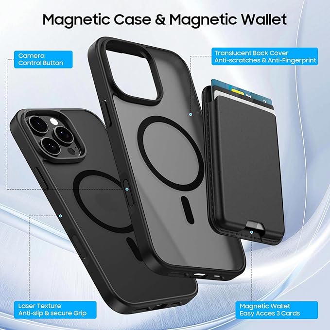 Ntwinro Magnetic for iPhone 16 Pro Case (Compatible with MagSafe) with Detachable Wallet & Card Holder for 3 Cards [RFID Blocking] Military Grade Protective Slim Phone Cover, Black