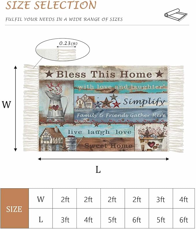 Turquoise Blue Brown Hallway Runner Rug 2X6 Ft Kitchen Carpet, Washable Woven Vintage Barn Rustic Cabin Throw Carpet with Tassel, Non-Shedding Country Star Farm Wooden Plank Bedroom Laundry Rugs