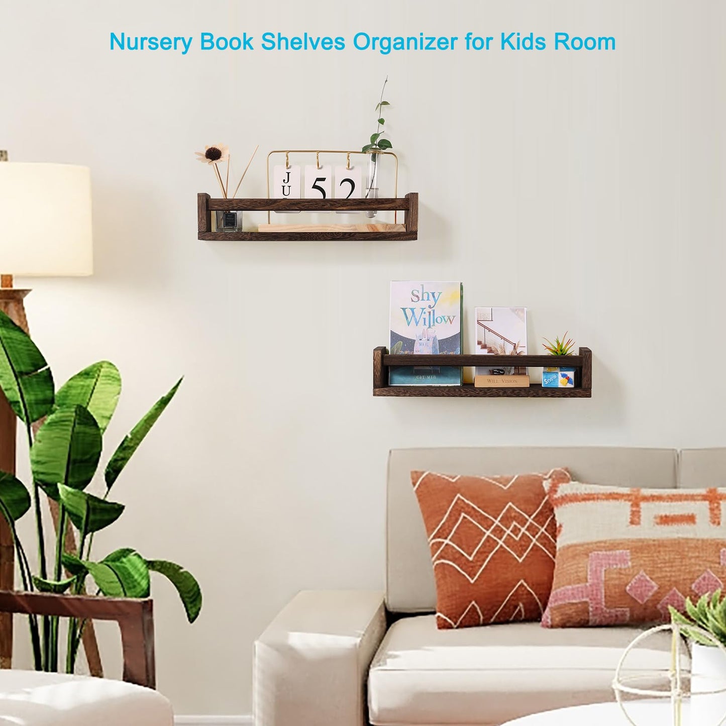 JORIKCHUO Nursery Book Shelves, Set of 2 Wood Floating Book Shelves for Kids Room, Kitchen Spice Rack, or Rustic Wall Mounted Shelves for Farmhouse Bathroom Décor (Carbon Brown)