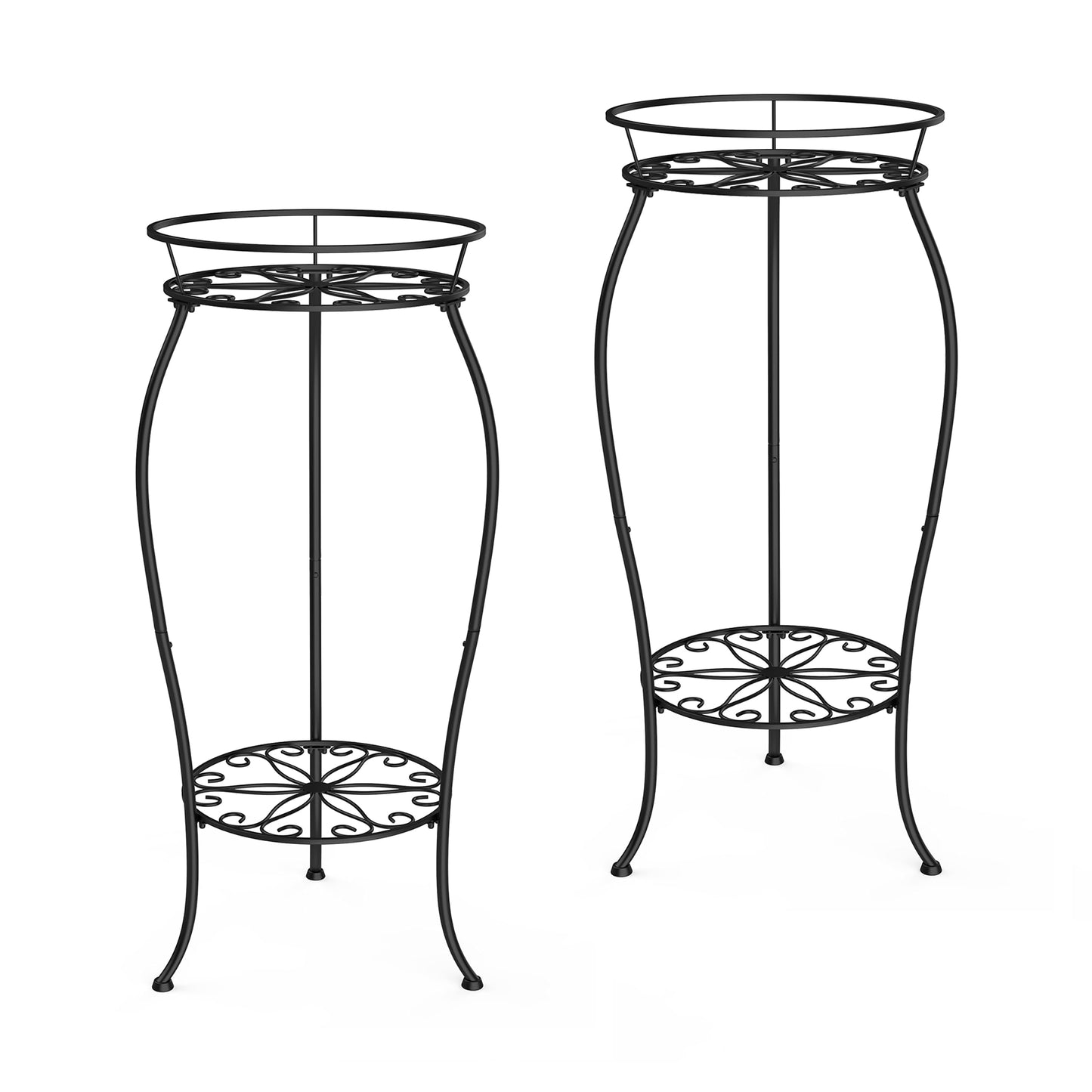 FaithLand 2 Pack Metal Plant Stands, Tall Planter Holder Indoor Outdoor, 2 Tier Round Potted Supports Rack, Corner Display Shelf Black