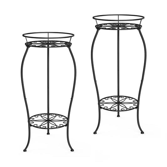 FaithLand 2 Pack Metal Plant Stands, Tall Planter Holder Indoor Outdoor, 2 Tier Round Potted Supports Rack, Corner Display Shelf Black
