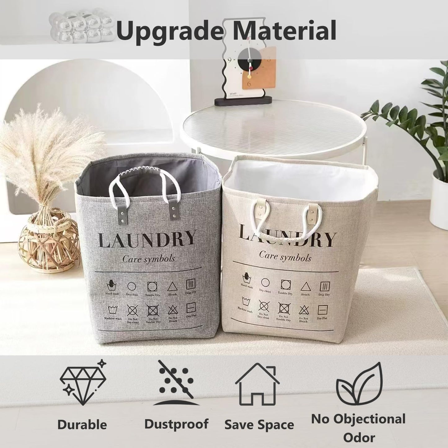 MLUUHK Small Laundry Basket, 50L Foldable Laundry Hamper Organizer with Handles, Fashion Portable Laundry Basket in Bedroom, Laundry Room, Closet, Bathroom, College Dorm (Beige)
